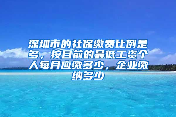 深圳市的社保缴费比例是多，按目前的最低工资个人每月应缴多少，企业缴纳多少